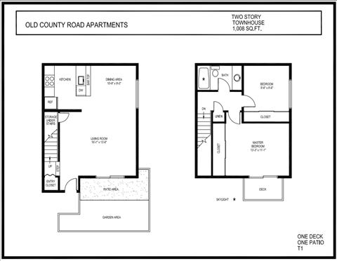 Floor plan for 2 beds, 1 bath, 1008 sqft