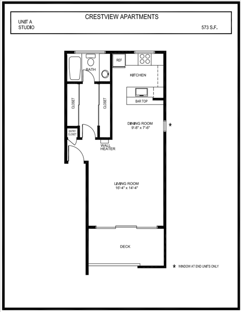 Floor plan for studio, 1 bath, 573 sqft