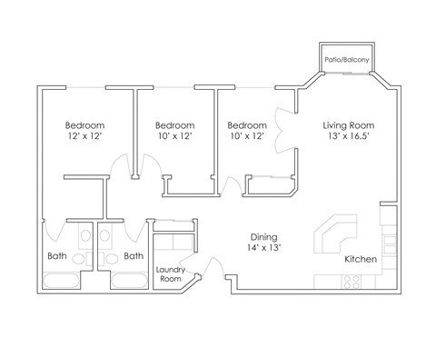 Floor plan for 3 beds, 2 baths, 1362 sqft