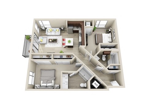Floor plan for 2 beds, 2 baths, 971 sqft