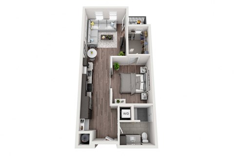 Floor plan for 1 bed, 1 bath, 749 sqft