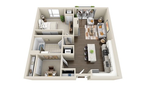 Floor plan for 1 bed, 1 bath, 908 sqft