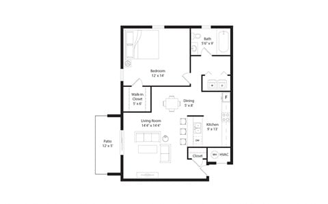 Floor plan for 1 bed, 1 bath, 799 sqft