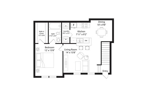 Floor plan for 1 bed, 1 bath, 712 sqft