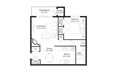 Floor plan for 1 bed, 1 bath, 715 sqft