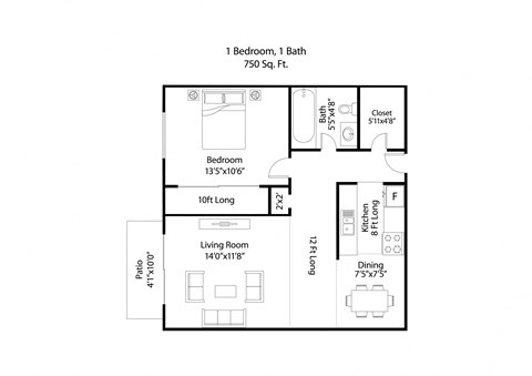 Floor plan for 1 bed, 1 bath, 750 sqft