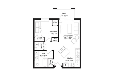 Floor plan for 1 bed, 1 bath, 765 sqft