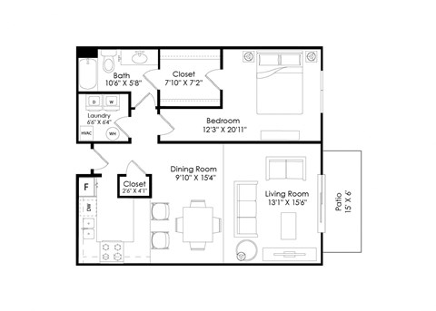 Floor plan for 1 bed, 1 bath, 958 sqft
