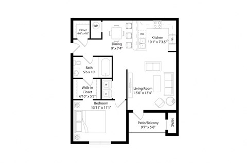 Floor plan for 1 bed, 1 bath, 792 sqft