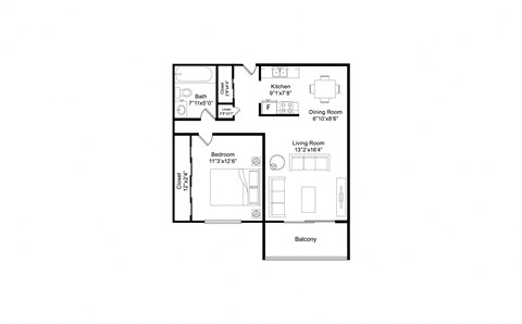 Floor plan for 1 bed, 1 bath, 780 sqft