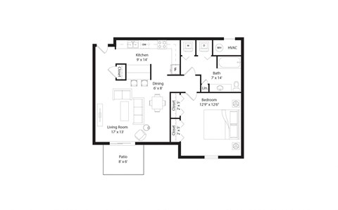 Floor plan for 1 bed, 1 bath, 806 sqft