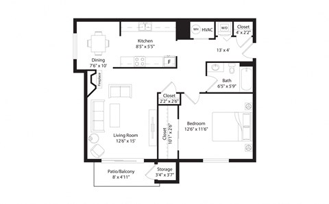 Floor plan for 1 bed, 1 bath, 735 sqft