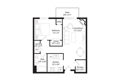 Floor plan for 1 bed, 1 bath, 771 sqft