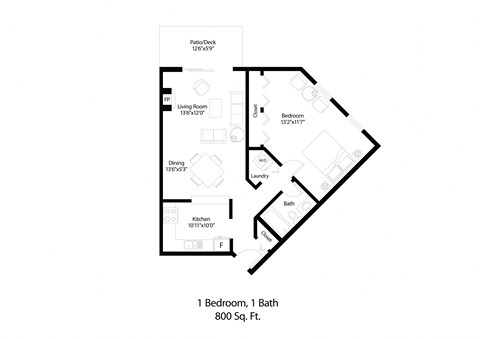 Floor plan for 1 bed, 1 bath, 800 sqft