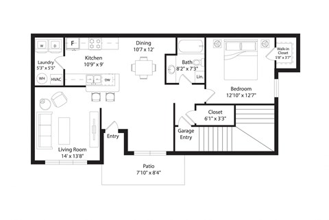 Floor plan for 1 bed, 1 bath, 848 sqft