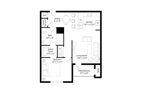 Floor plan for 1 bed, 1 bath, 807 sqft