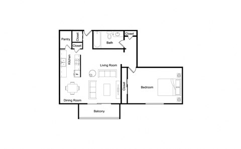 Floor plan for 1 bed, 1 bath, 815 sqft