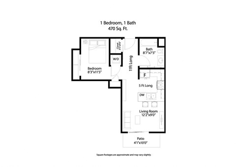 Floor plan for 1 bed, 1 bath, 470 sqft