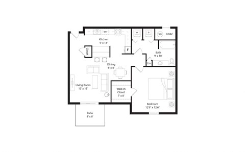 Floor plan for 1 bed, 1 bath, 806 sqft
