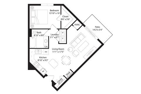 Floor plan for 1 bed, 1 bath, 813 sqft