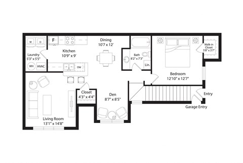 Floor plan for 1 bed, 1 bath, 917 sqft