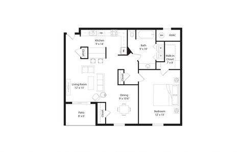 Floor plan for 1 bed, 1 bath, 889 sqft