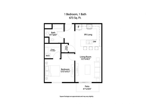 Floor plan for 1 bed, 1 bath, 673 sqft