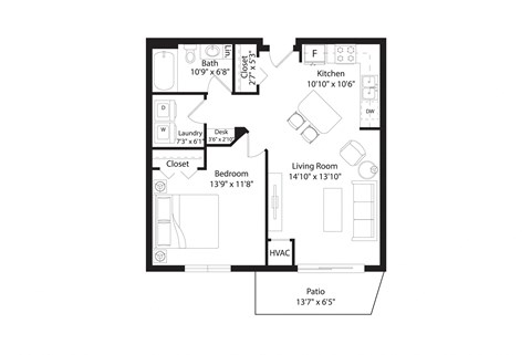 Floor plan for 1 bed, 1 bath, 852 sqft