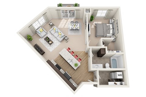 Floor plan for 1 bed, 1 bath, 895 sqft