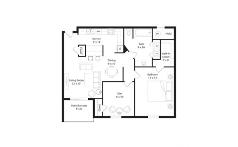 Floor plan for 1 bed, 1 bath, 889 sqft