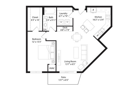 Floor plan for 1 bed, 1 bath, 939 sqft