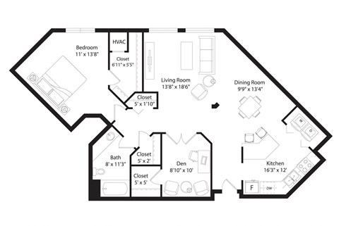 Floor plan for 1 bed, 1 bath, 1025 sqft