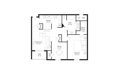 Floor plan for 1 bed, 1 bath, 889 sqft