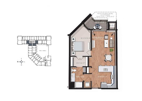 Floor plan for 1 bed, 1 bath, 781 sqft