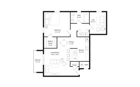 Floor plan for 1 bed, 1 bath, 903 sqft