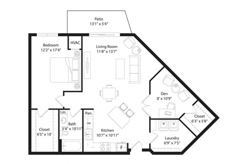 Floor plan for 1 bed, 1 bath, 1041 sqft
