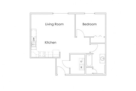 Floor plan for 1 bed, 1 bath, 640 sqft