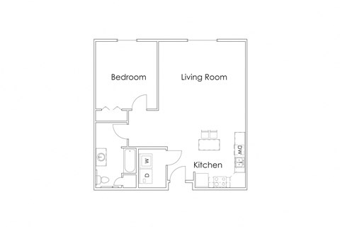 Floor plan for 1 bed, 1 bath, 890 sqft