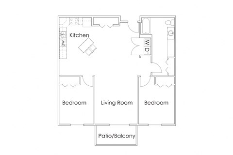 Floor plan for 2 beds, 1 bath, 1055 sqft