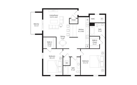 Floor plan for 2 beds, 2 baths, 1059 sqft