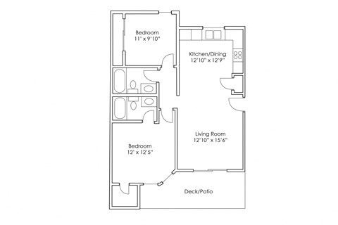 Floor plan for 2 beds, 2 baths, 842 sqft