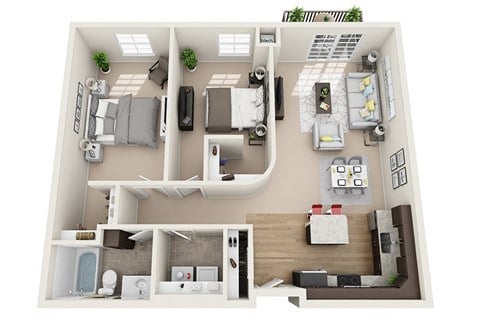 Floor plan for 2 beds, 1 bath, 1056 sqft