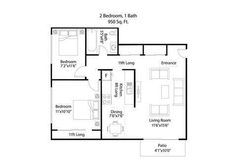 Floor plan for 2 beds, 1 bath, 950 sqft