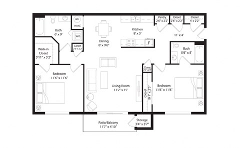 Floor plan for 2 beds, 2 baths, 1017 sqft
