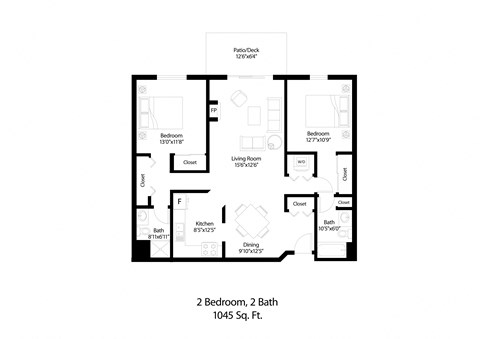 Floor plan for 2 beds, 2 baths, 1045 sqft