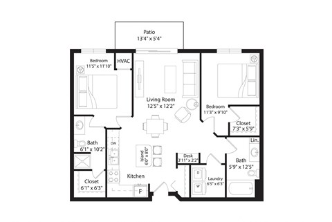 Floor plan for 2 beds, 2 baths, 1047 sqft