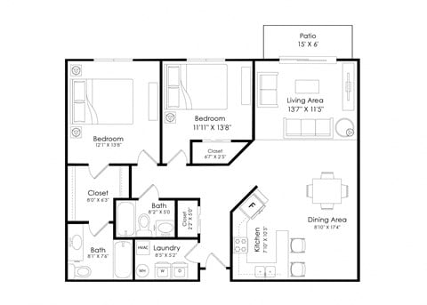Floor plan for 2 beds, 2 baths, 1144 sqft