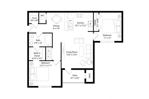 Floor plan for 2 beds, 1 bath, 932 sqft