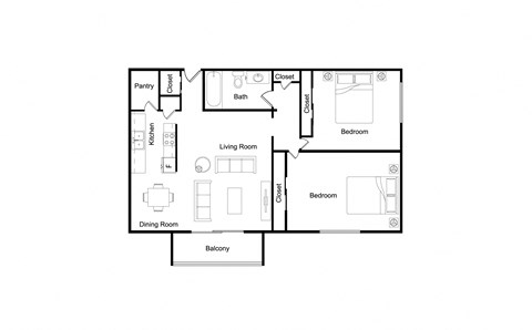 Floor plan for 2 beds, 1 bath, 962 sqft