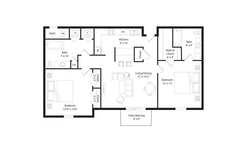 Floor plan for 2 beds, 2 baths, 1101 sqft